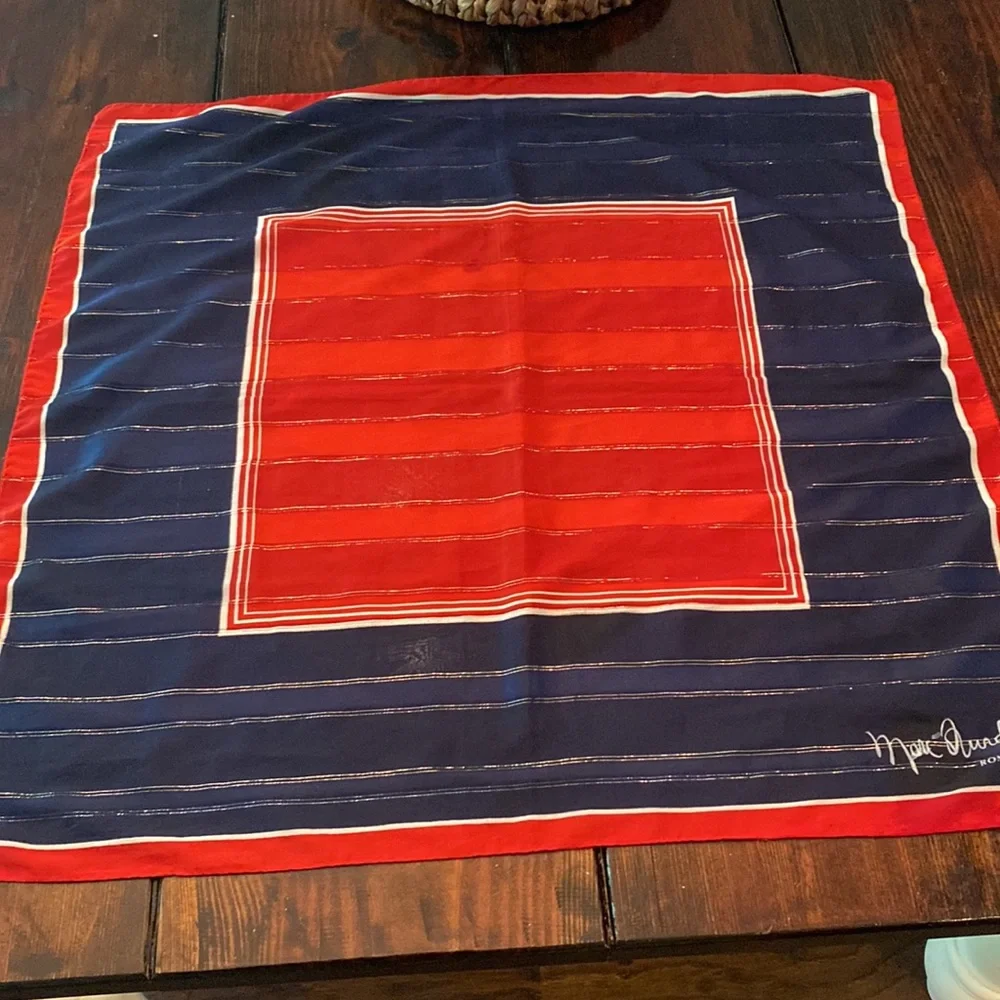 Vintage Marc Aurel Roma red white blue square 31.5 x 31.5 metallic thread scarf
